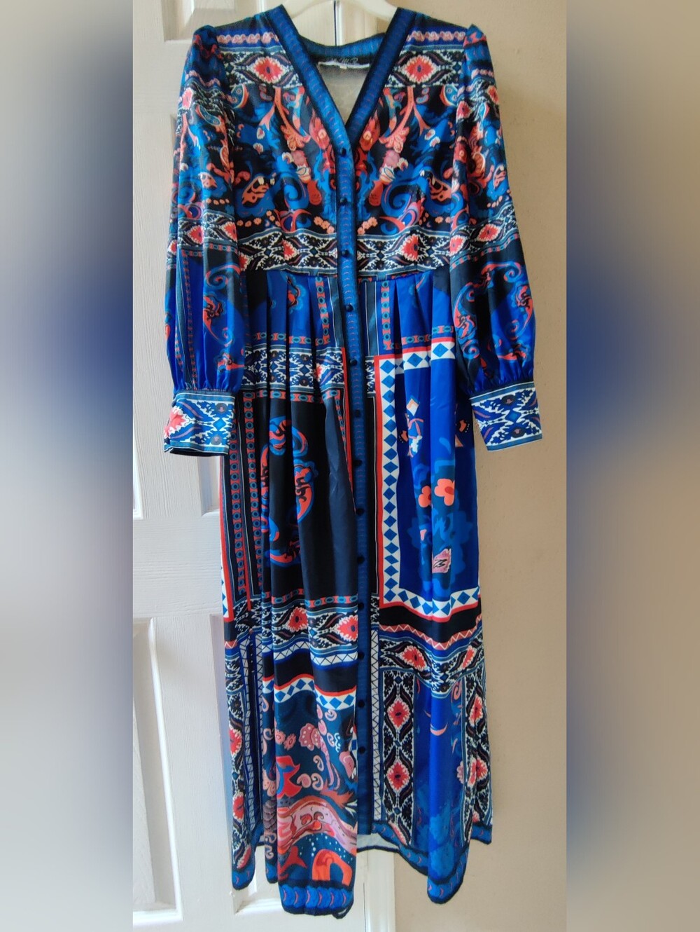 Dalia Macphee Long Blue Paisley Boho Dress with Belt Small NWOT